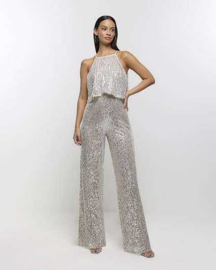 Silver sequin layered jumpsuit