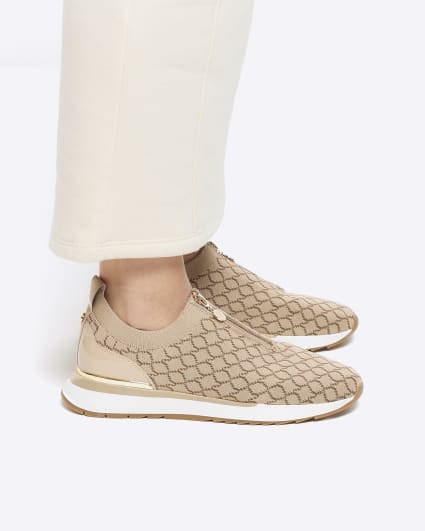 Beige knitted monogram trainers
