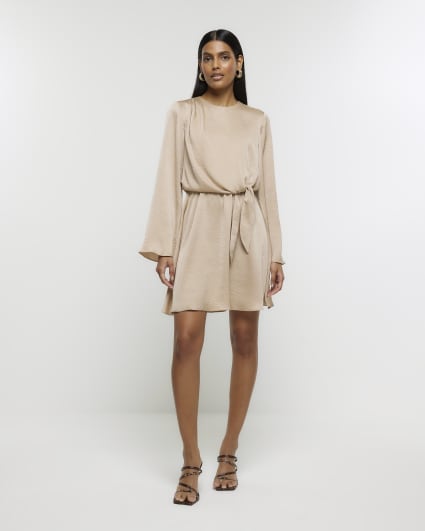 Beige Front Knot Mini Dress