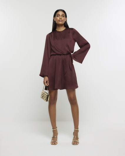 Brown Front Knot Mini Dress