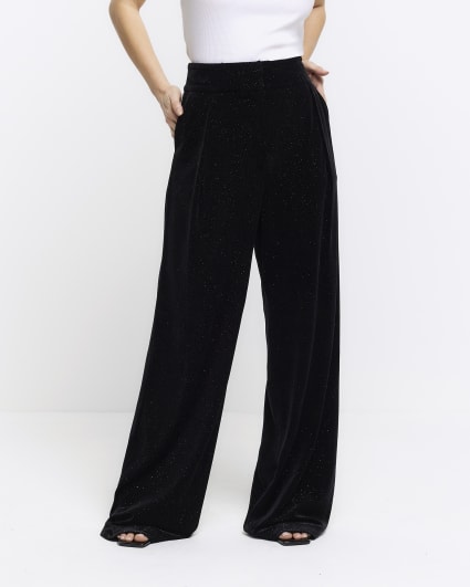 Petite black velvet sparkle slim trousers