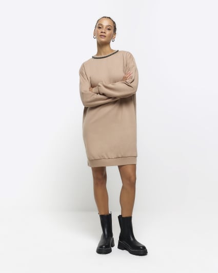 Brown diamante trim sweatshirt mini dress