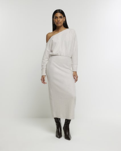 Cream asymmetric sweatshirt maxi dress