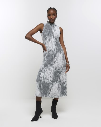 Grey abstract sleeveless jumper midi dress