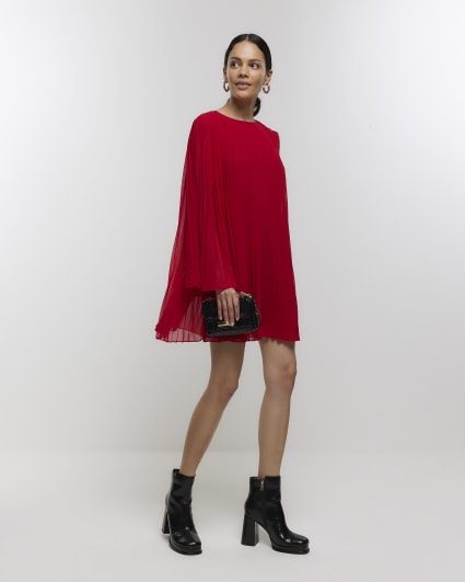 Red plisse shift mini dress