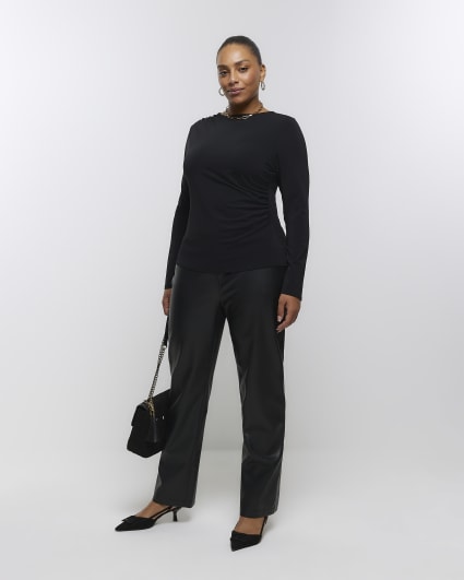 Plus black ruched long sleeve top