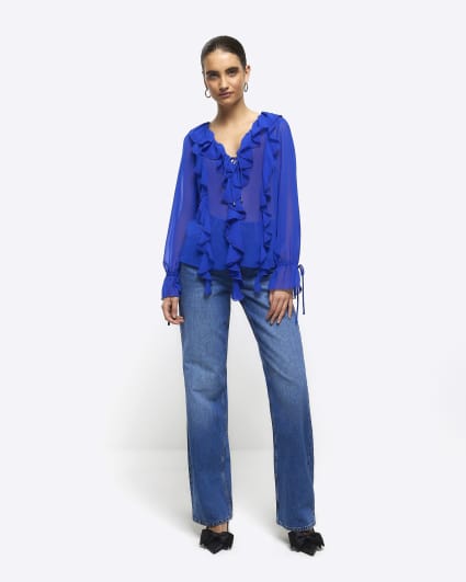 Blue frill long sleeve blouse