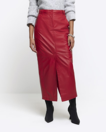 Red leather midi skirt
