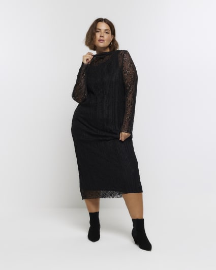 Plus black lace slip midi dress