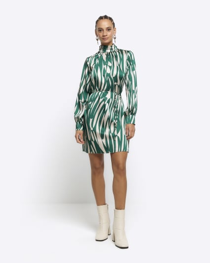 Green abstract belted shift mini dress
