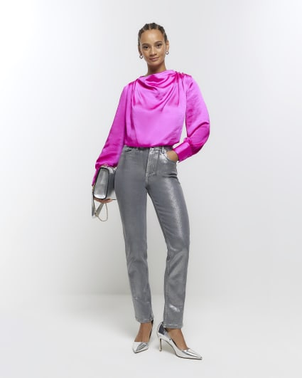 Pink satin cowl neck blouse