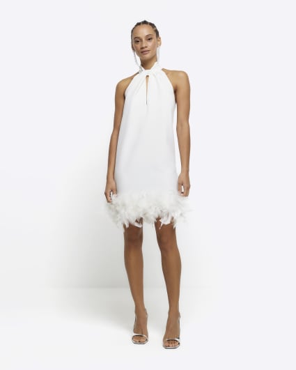 White feather hem shift mini dress