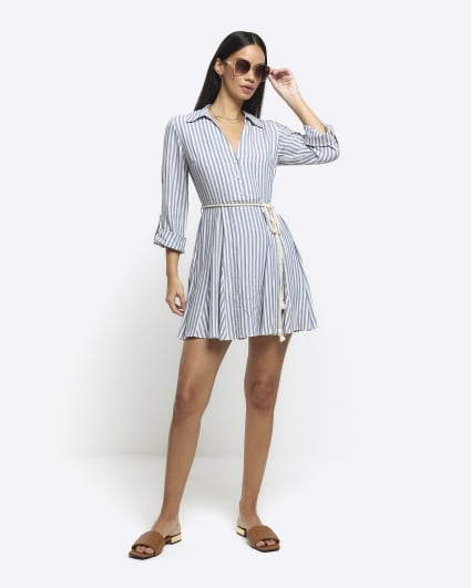 Blue stripe tie waist mini shirt dress