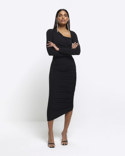 Black ruched asymmetric bodycon midi dress
