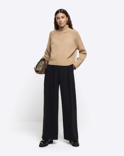 Beige rib roll neck jumper