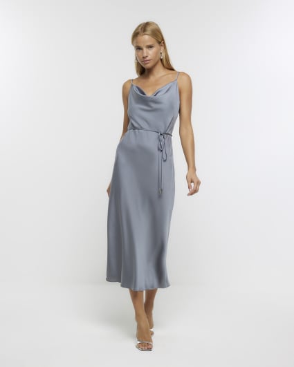 Grey satin cowl neck slip midi dress