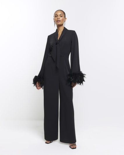 Black feather cuff wide leg jumpsuit