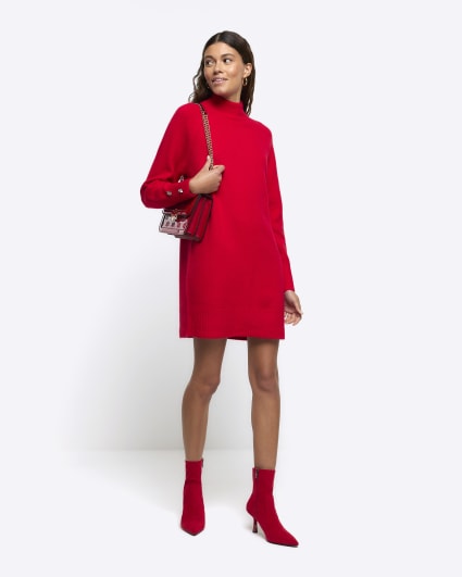 Red knitted cosy jumper mini dress