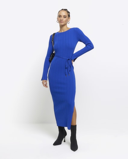 Blue knitted rib jumper maxi dress