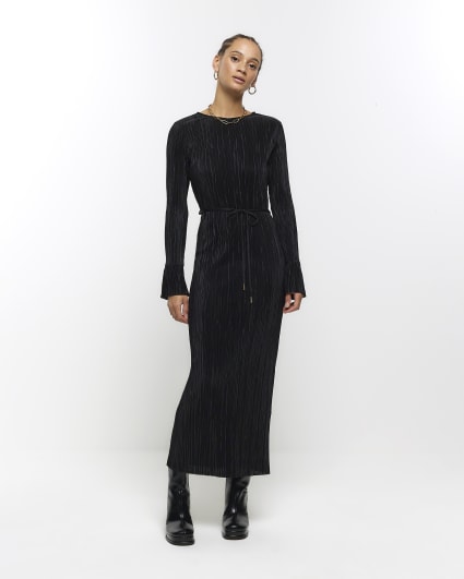 Black plisse tie waist bodycon midi dress