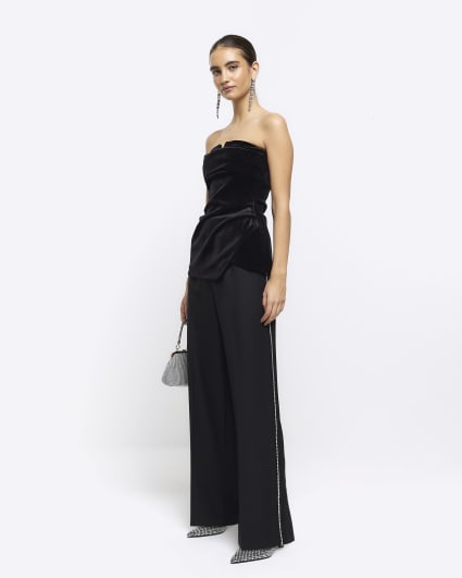 Black velvet ruched bandeau top