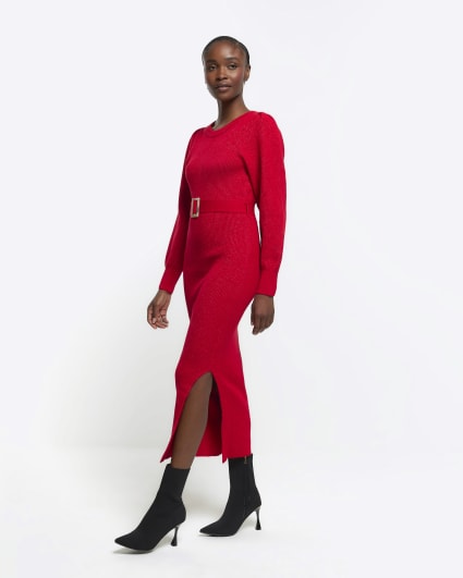Red knitted belted jumper midi dress