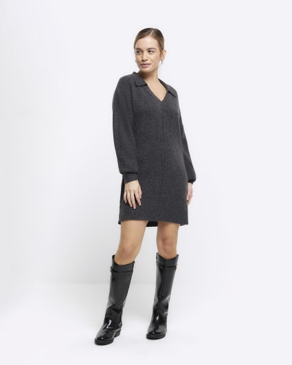 Petite grey collared jumper mini dress