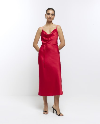 Red Cowl Neck Belted Slip Dress