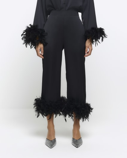 Black satin feather trim crop trousers