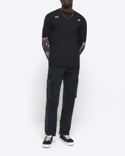 Black regular fit graphic sleeve t-shirt