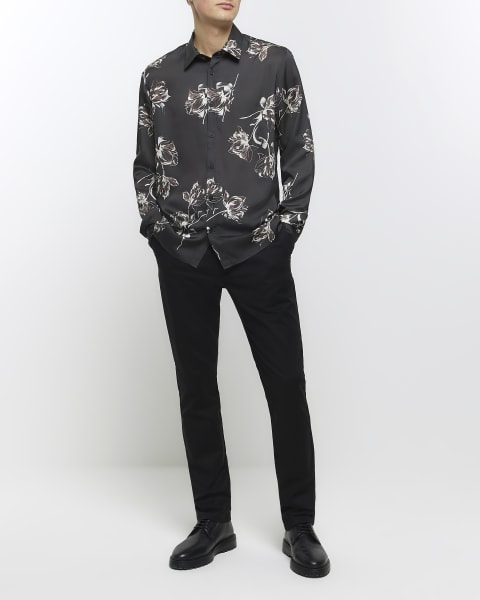 Black regular fit sateen floral shirt