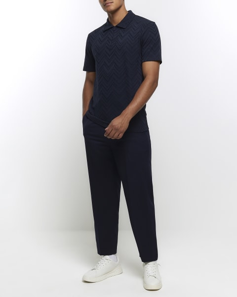 Navy Slim Fit Chevron Textured Polo Shirt