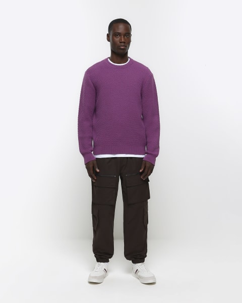 Purple regular fit diagonal stitch jumper