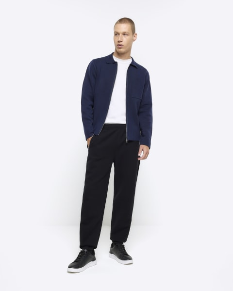 Navy slim fit knitted zip up cardigan