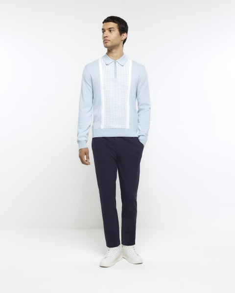 Blue slim fit knitted long sleeve polo