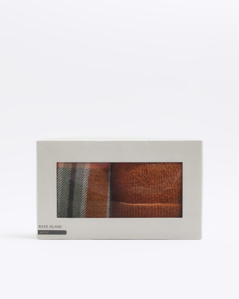 Orange beanie and check scarf gift set