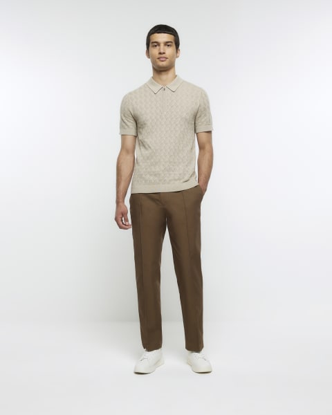 Beige slim fit knitted stitch polo shirt