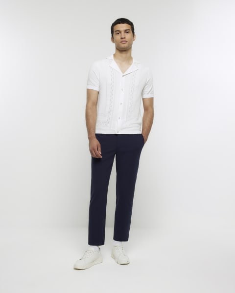 White slim border print knitted revere shirt