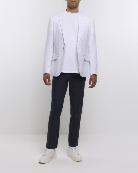 White slim fit linen blend suit jacket