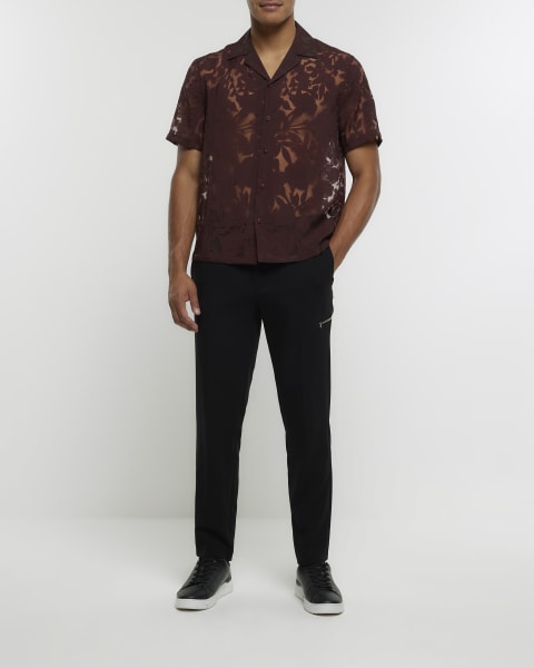 Brown regular fit burnout leaf print shirt