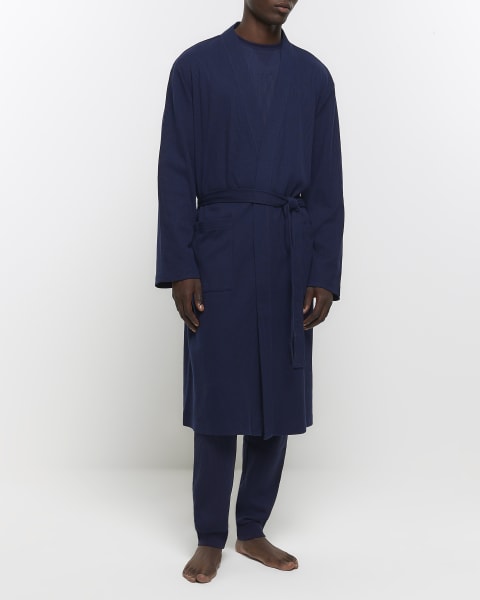 Navy regular fit waffle texture robe