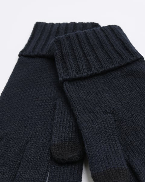 Navy knitted touch screen gloves