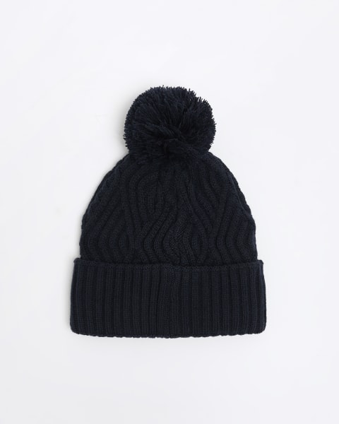 Navy cable knit bobble beanie