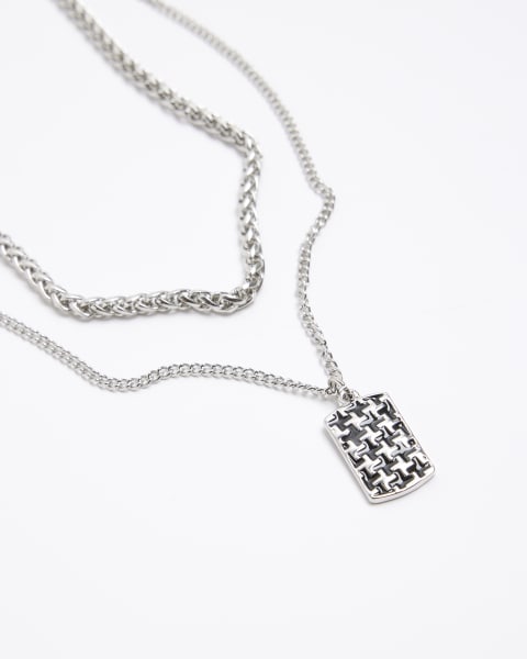 Silver colour houndstooth tag necklace
