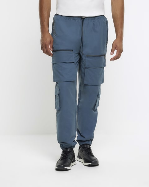 Blue slim fit multi pocket cargo trousers