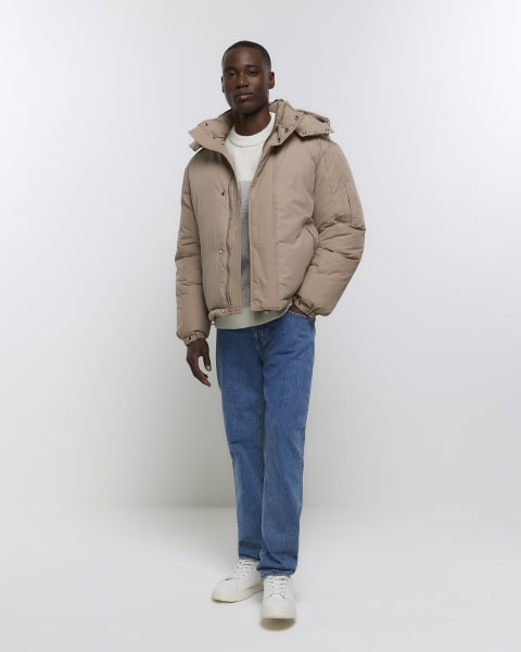 Brown regular fit hooded parka puffer jacket