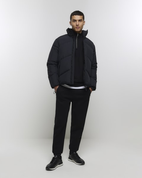 Black regular fit funnel puffer jacket