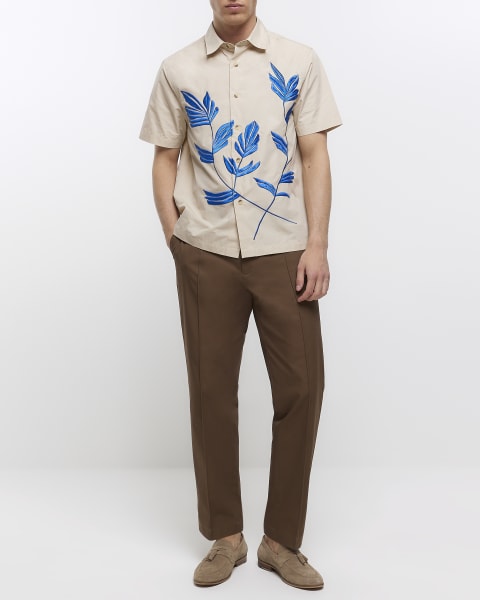 Stone regular fit embroidered floral shirt