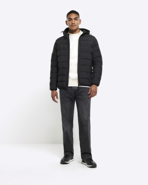 Black regular hooded quilted puffer jacket