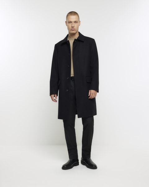 Black regular fit wool blend longline coat
